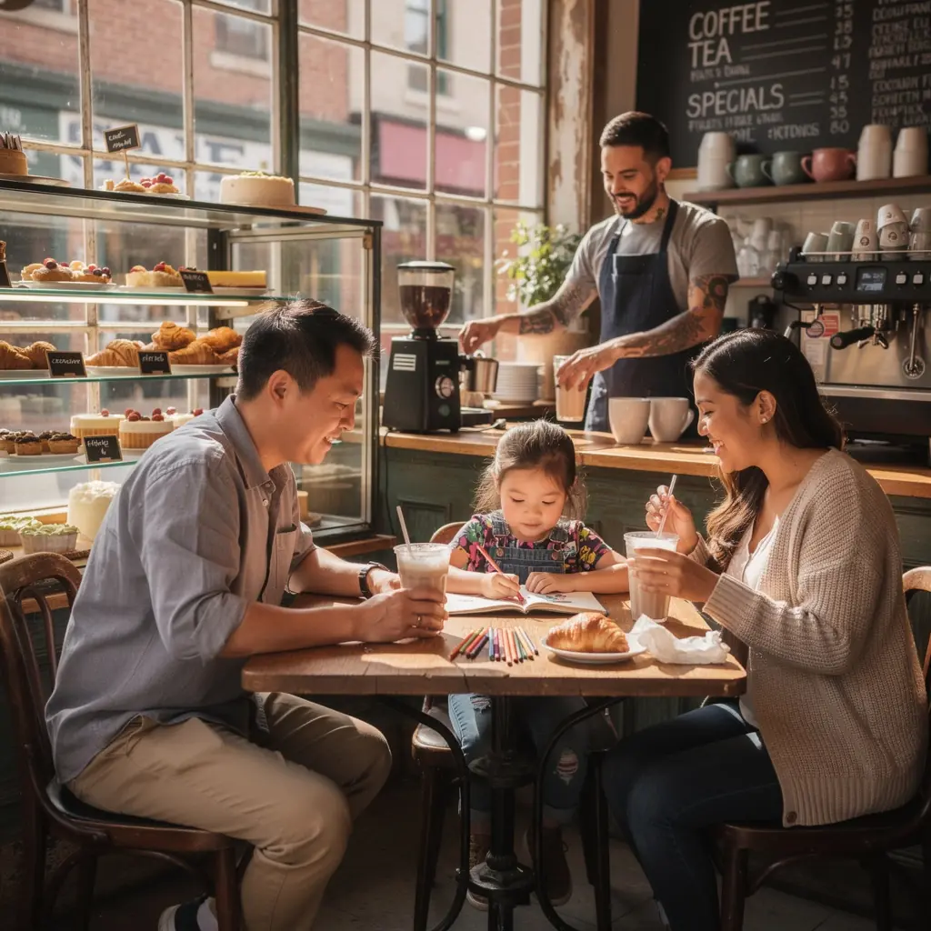 Rodzina zwiedzająca park rozrywki w dużym mieście.