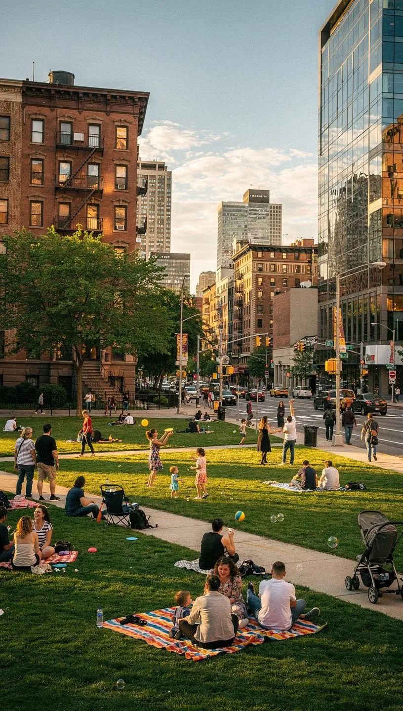 Rodzina z dziećmi spacerująca po parku miejskim pełnym zieleni.
