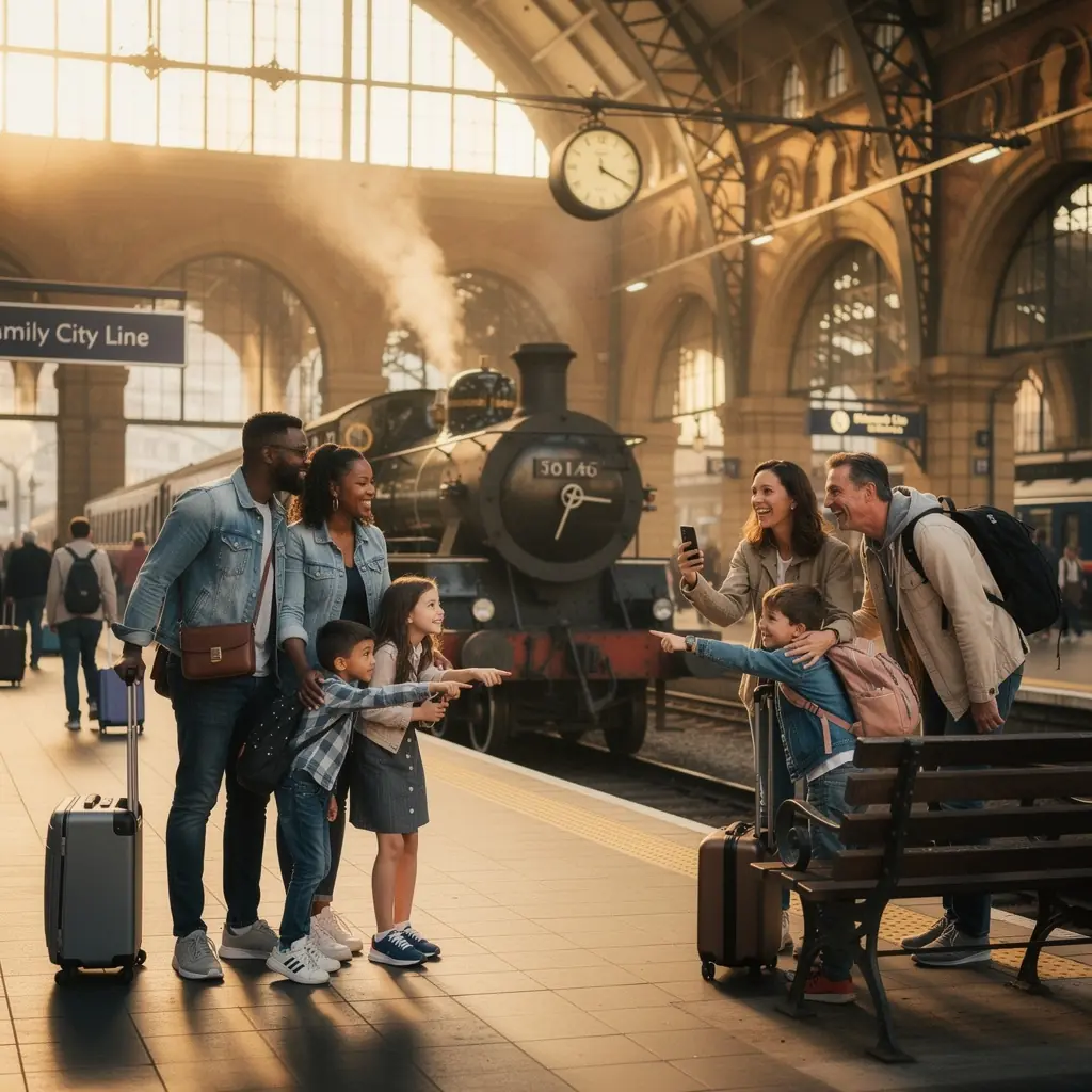 Rodzina spacerująca po parku miejskim, ciesząca się wspólnym czasem podczas krótkiego wyjazdu.